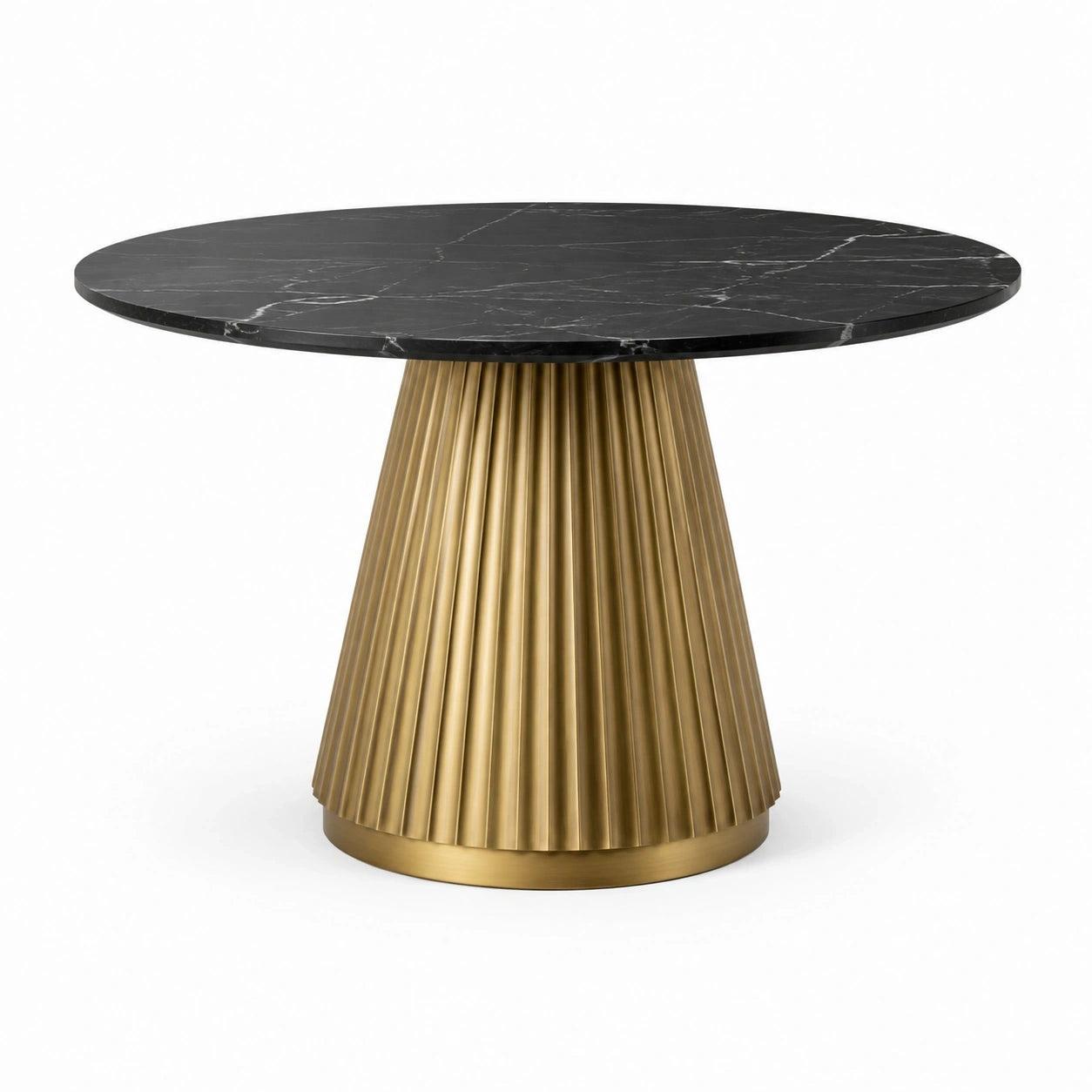 Runder Esstisch Ø 120 x H 76 cm, schwarzer Steinwerkstoff in Marmoroptik mit goldenem Metall-Säulenfuß