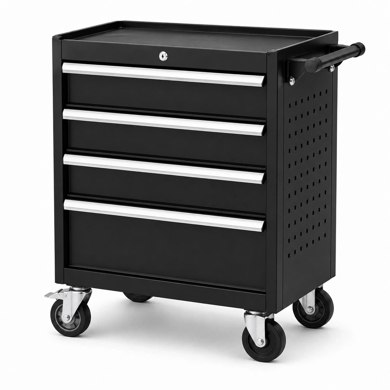 Mobiler Werkzeugwagen aus Stahl mit 4 Schubladen, abschließbar, 68 x 46 x 82 cm, Schwarz/Silber