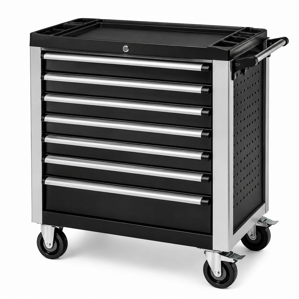 Mobiler Werkzeugwagen aus Stahl mit 7 Schubladen, 77 x 47 x 97 cm, Schwarz/Silber