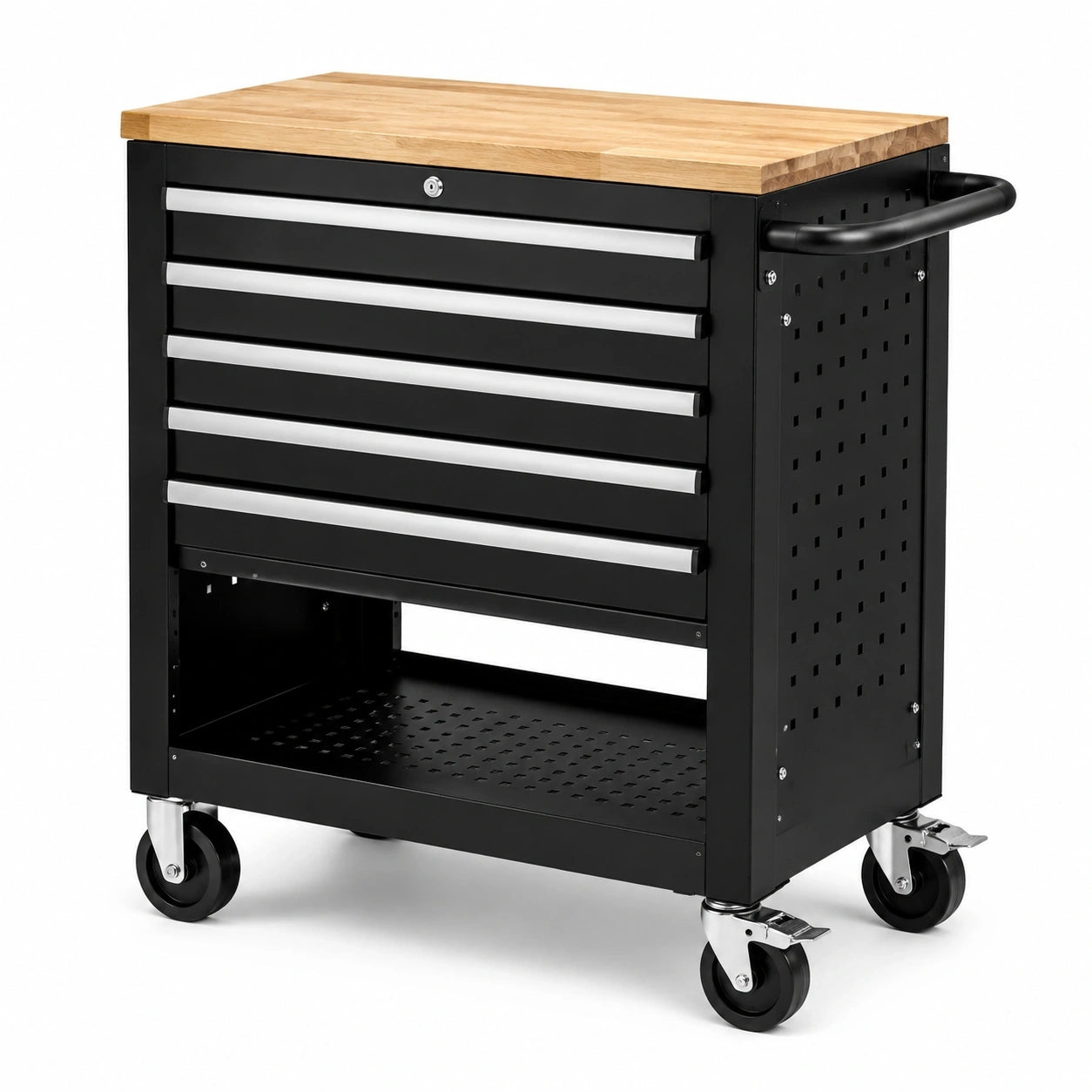 Mobiler Werkstattwagen mit 5 Schubladen, Holzarbeitsplatte und Ablage, 77 x 46 x 90 cm, Schwarz/Natur/Silber
