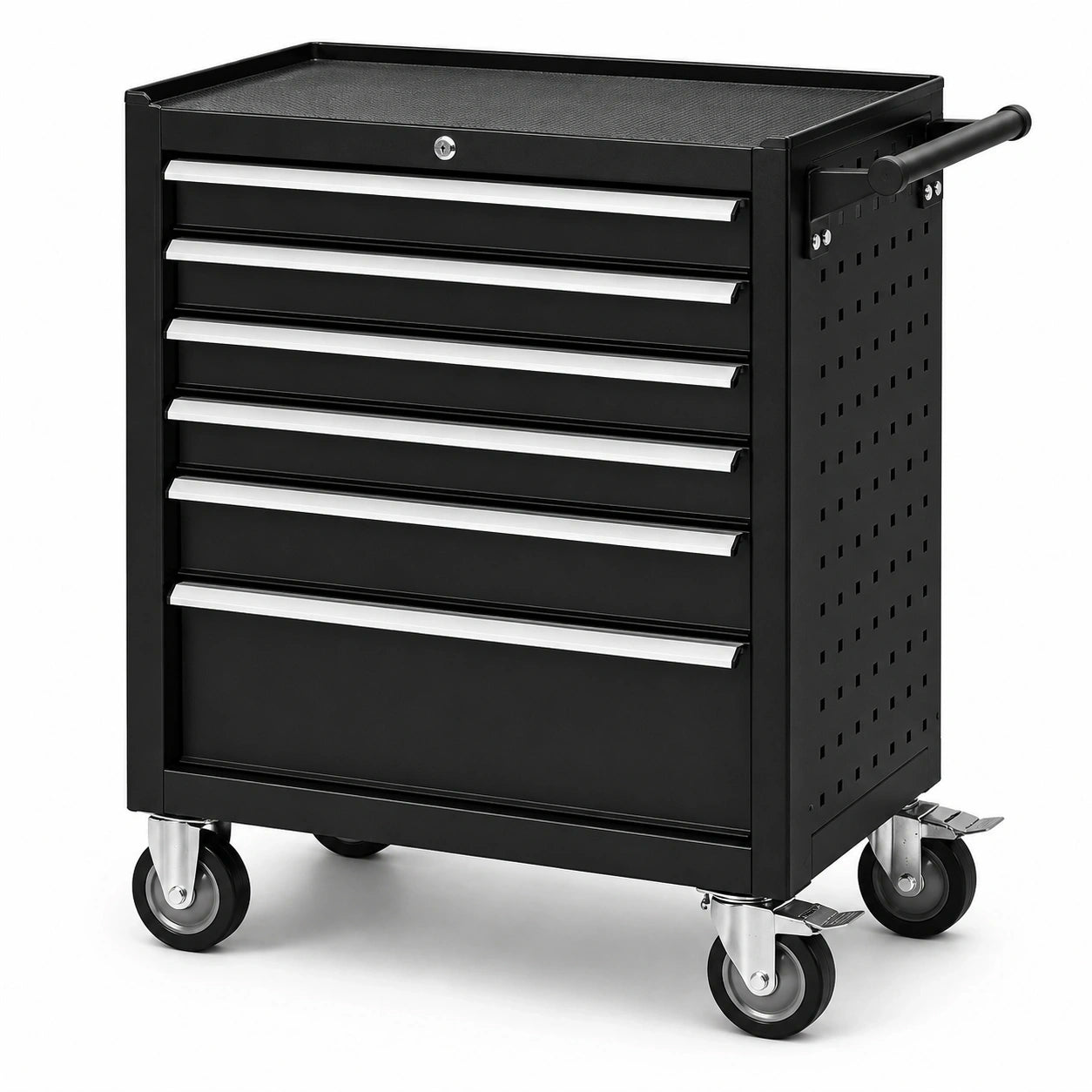Mobiler Werkzeugwagen aus Stahl mit 6 Schubladen und 4 Lenkrollen, 77 x 46 x 97 cm, Schwarz/Silber