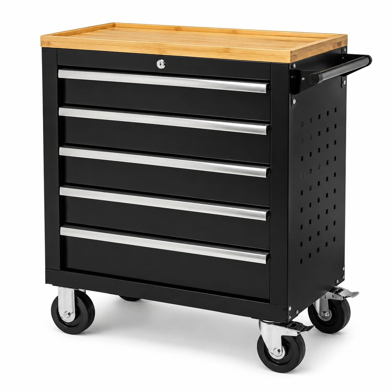 Abschließbarer Werkzeugwagen aus Stahl mit 5 Schubladen und Bambusarbeitsplatte, Schwarz/Silber/Natur, 77 x 33 x 75 cm