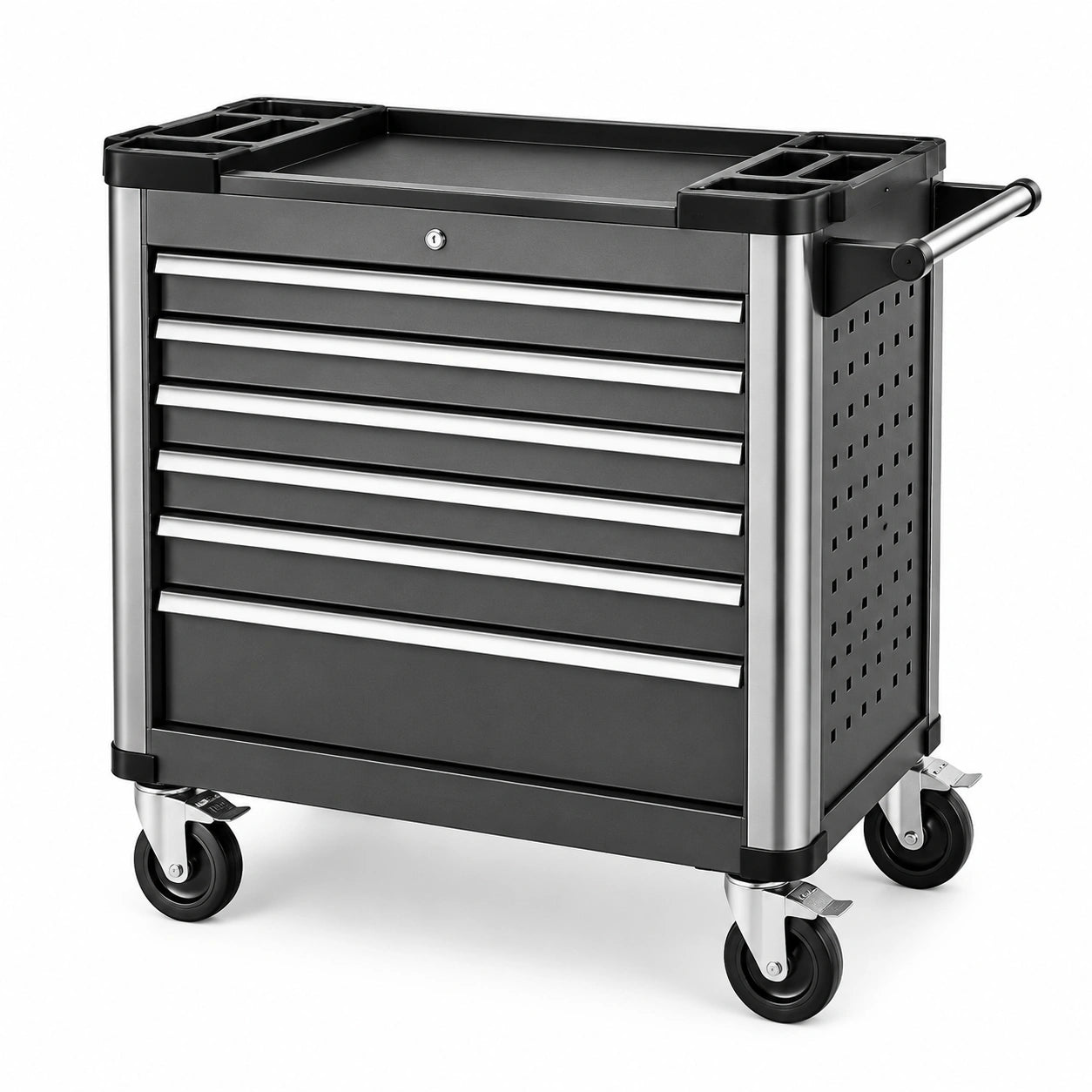 Mobiler Werkzeugwagen aus Stahl mit 6 abschließbaren Schubladen, Schwarz/Silber, 84 x 46 x 90 cm