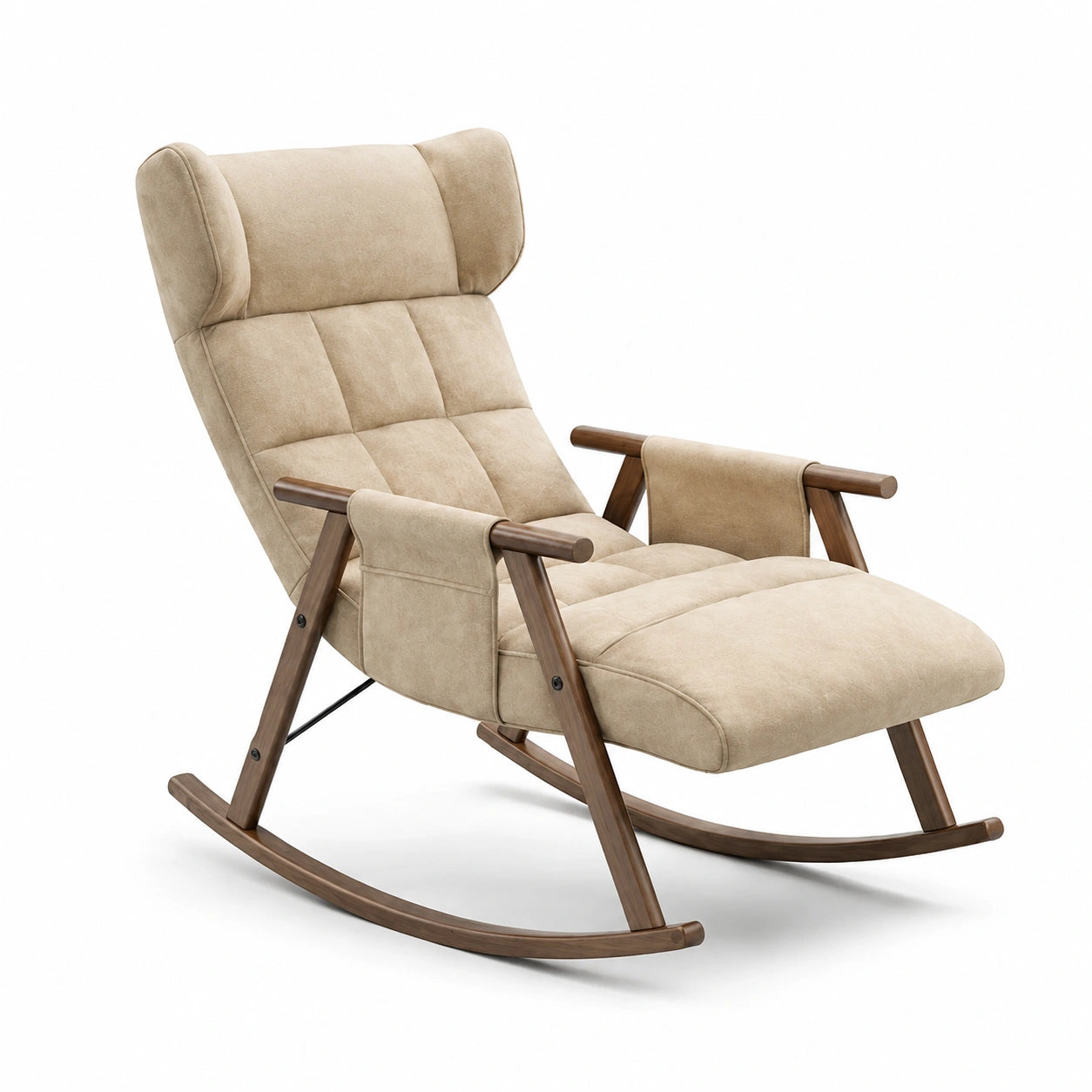 Schaukelsessel mit hoher Rückenlehne, 100 x 68 x 96 cm, Beige/Braun, gepolsterter Textilbezug und Holzgestell