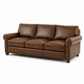 Klassisches 3-Sitzer-Sofa aus braunem Kunstleder mit dunkelbraunen Holzfüßen, 220 x 90 x 88 cm