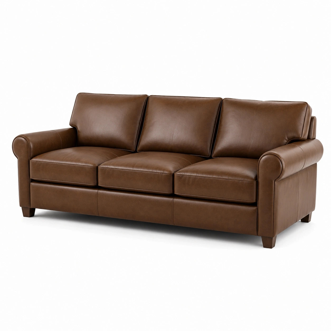 Klassisches 3-Sitzer-Sofa aus braunem Kunstleder mit dunkelbraunen Holzfüßen, 220 x 90 x 88 cm
