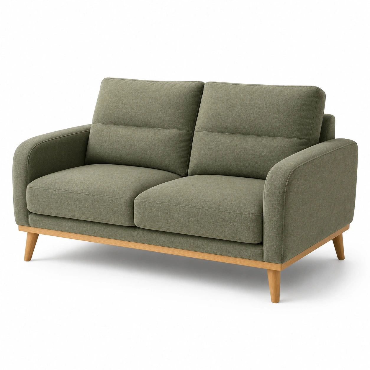 2-Sitzer-Sofa, 160 x 85 x 90 cm, olivgrüner Stoffbezug, hellbraune Holzfüße, skandinavischer Stil