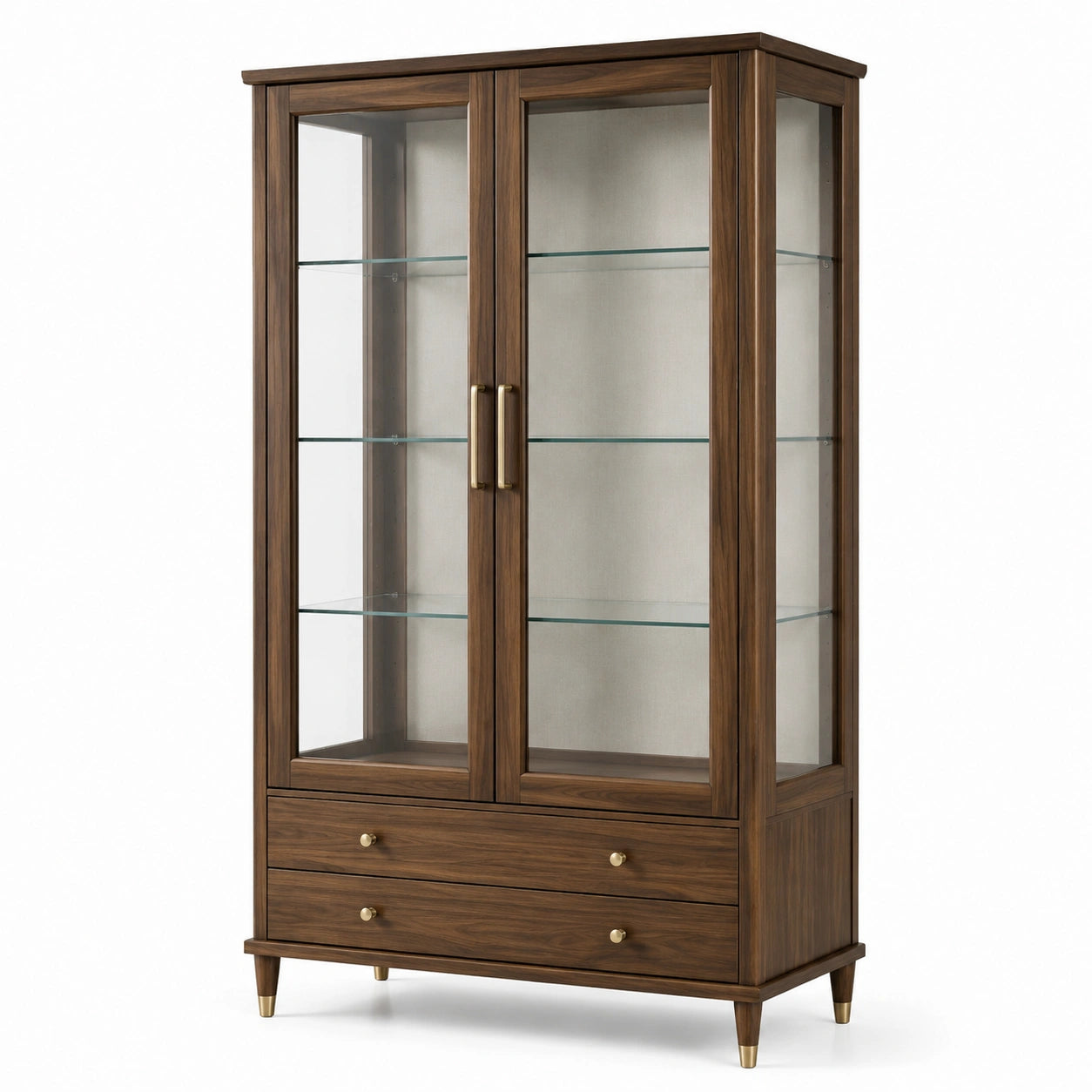 Vitrine aus Holzwerkstoff und Glas mit 2 Glastüren, 3 Glasböden und 2 Schubladen, Nussbraun, 100 x 40 x 190 cm