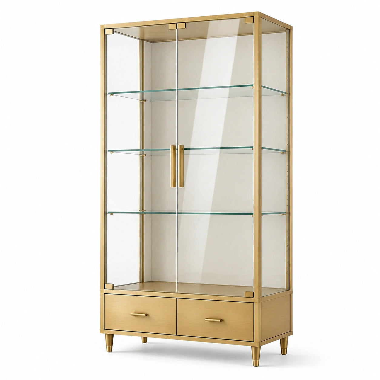 Moderne Glasvitrine mit Metallrahmen, Gold/Transparent, 90 x 40 x 180 cm, 2 Türen, 3 Glasböden und 2 Schubladen