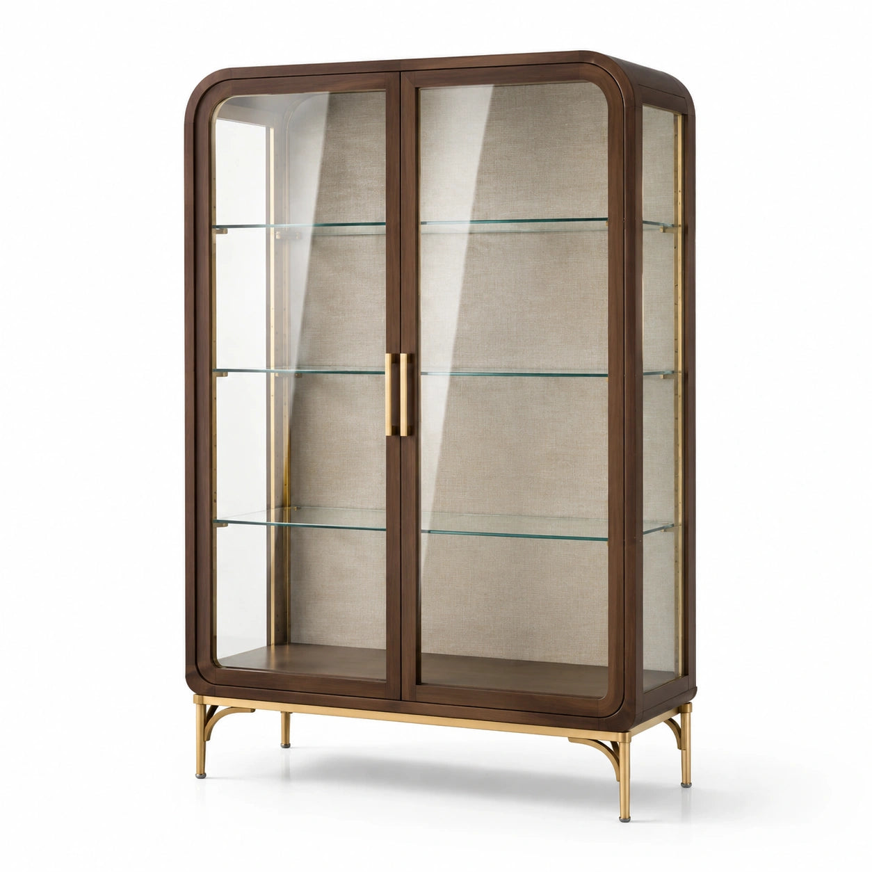 Vitrinenschrank mit 2 Glastüren und 3 Glasböden, 110 x 45 x 170 cm, Braun/Goldfarben/Transparent/Beige