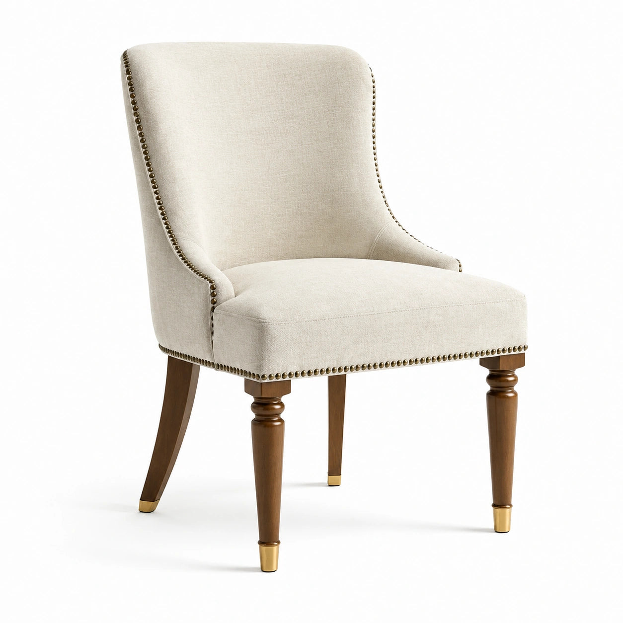 Gepolsterter Stuhl in Beige mit Holzbeinen und goldfarbenen Akzenten, 75 x 70 x 95 cm
