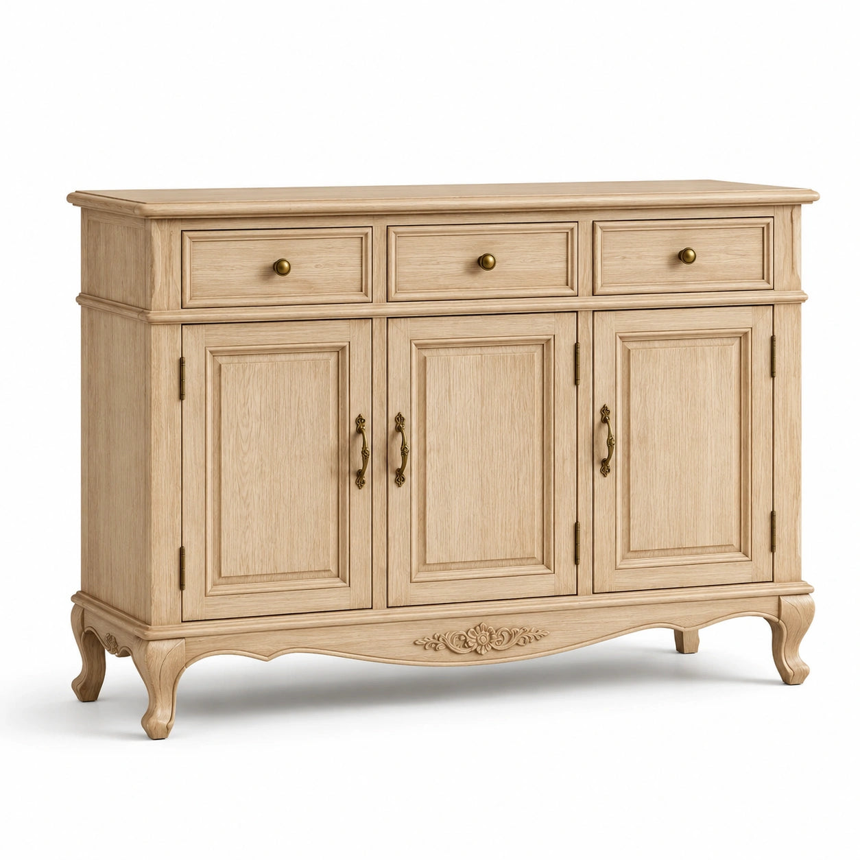 Sideboard im Landhausstil, 120 x 40 x 90 cm, Hellbraun, mit 3 Schubladen und 3 Türen