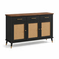 Sideboard aus Holzwerkstoff, 140 x 40 x 85 cm, Schwarz/Braun/Natur/Goldfarben, 3 Türen und 3 Schubladen mit Geflechtfronten
