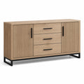 Sideboard mit Lamellenfront, 160 x 40 x 80 cm, Eichefarben/Schwarz, 3 Schubladen und 2 Türen