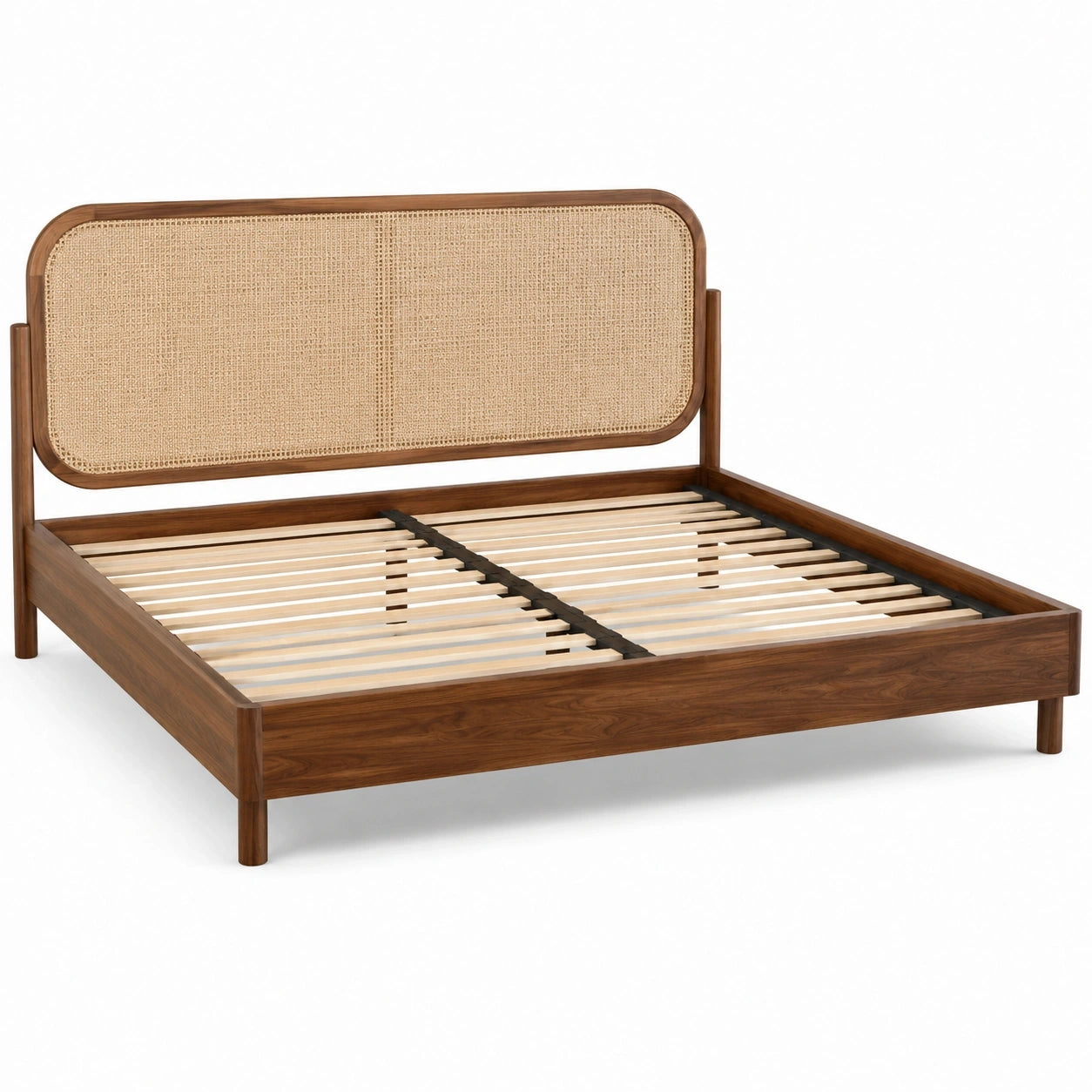 Doppelbett aus Holz mit Rattangeflecht, Braun/Beige, Liegefläche 160 x 200 cm, Gesamtmaße 208 x 168 x 110 cm