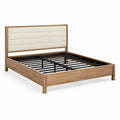 Doppelbett 160 x 200 cm, Braun/Creme/Schwarz, mit gepolstertem Kopfteil und Metallleistenrost