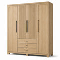 Kleiderschrank mit 4 Türen und 3 Schubladen, 180 x 55 x 200 cm, Hellbraun/Schwarz, Holzoptik mit Lamellenstruktur