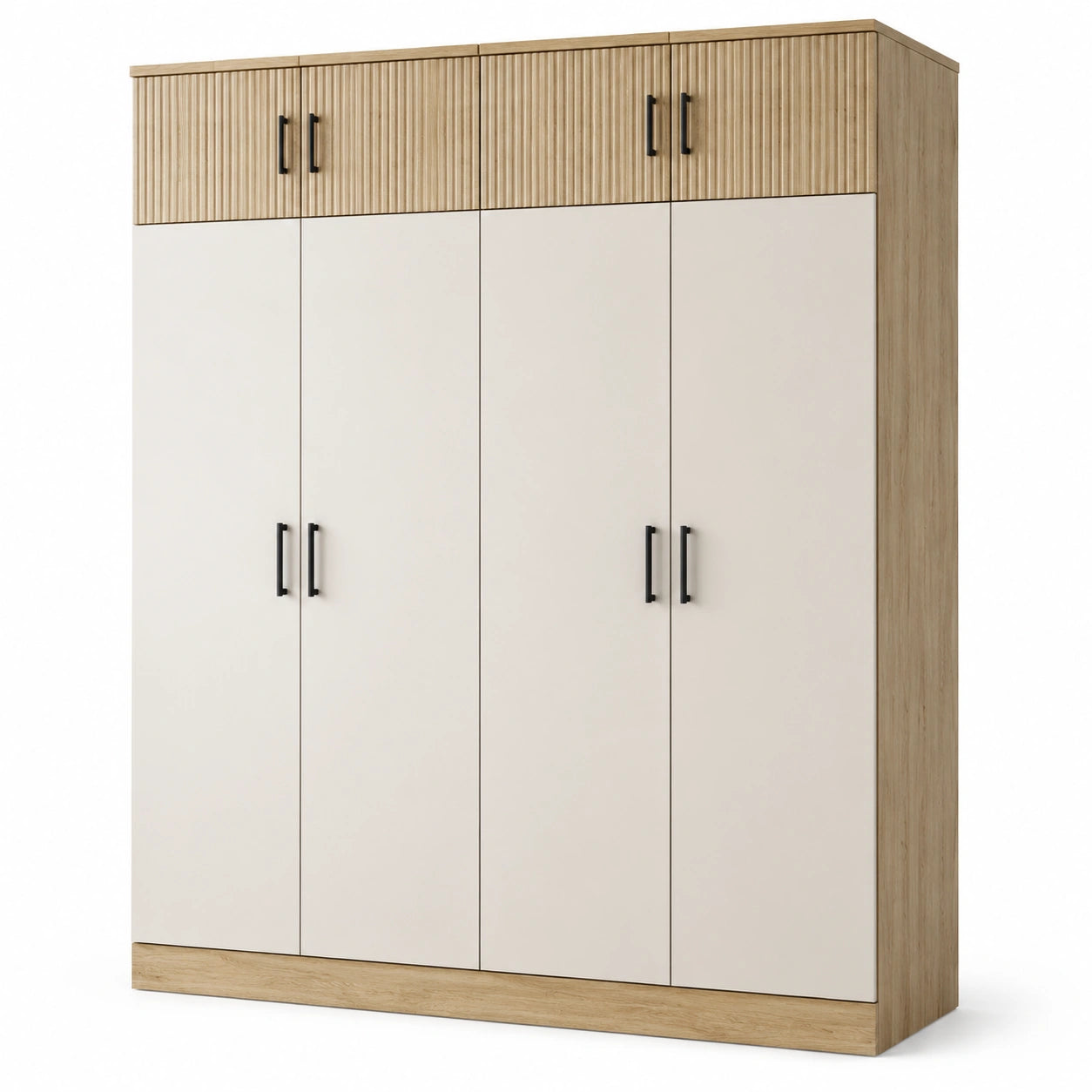 Kleiderschrank mit 8 Türen und Lamellenoptik, 200 x 52 x 220 cm, Eichefarben/Cremeweiß