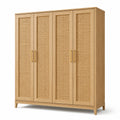 Viertüriger Kleiderschrank mit Rattangeflecht, Natur/Gold, 200 x 60 x 210 cm, Japandi-Stil