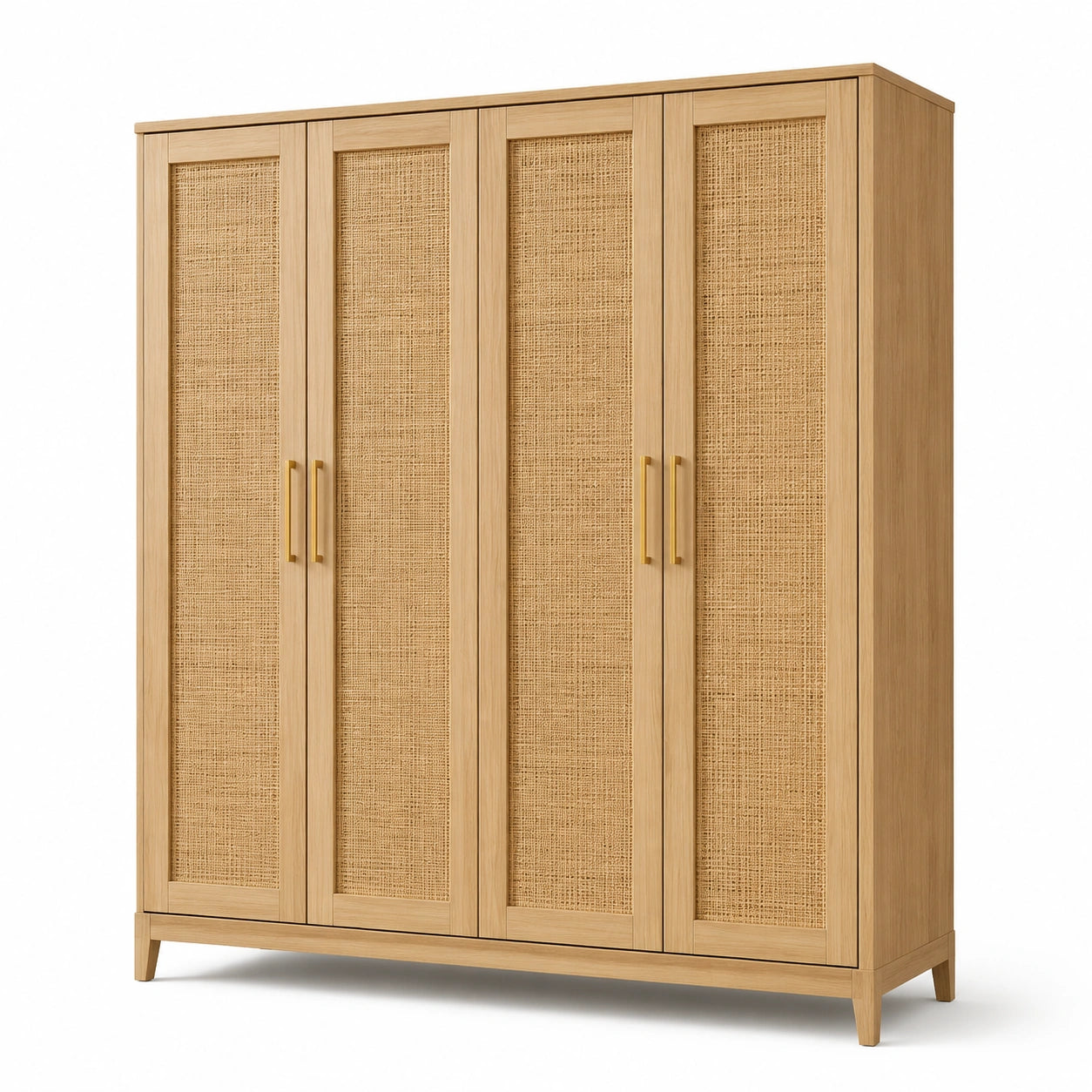 Viertüriger Kleiderschrank mit Rattangeflecht, Natur/Gold, 200 x 60 x 210 cm, Japandi-Stil