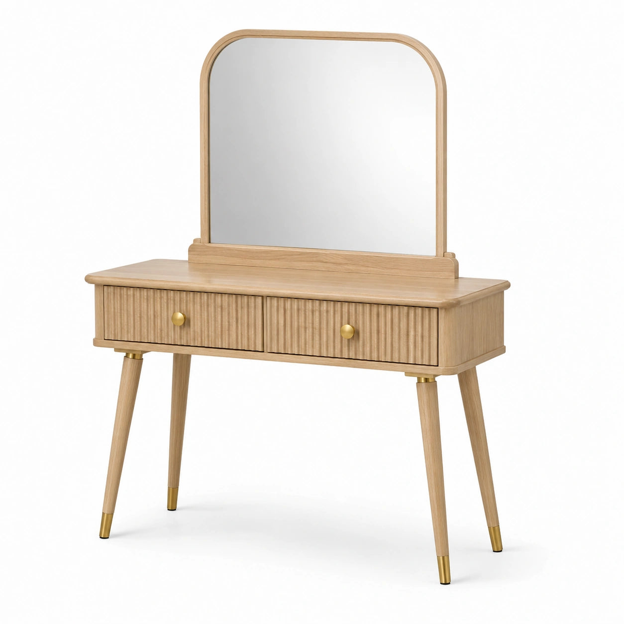 Schminktisch mit Spiegel und 2 Schubladen, 100 x 40 x 140 cm, Naturfarben/Gold, Retro-Stil