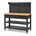 Werkbank mit Lochwand, 2 Schubladen und 2 Ablagen, Stahl und Holzwerkstoff, 120 x 60 x 150 cm, Schwarz/Braun