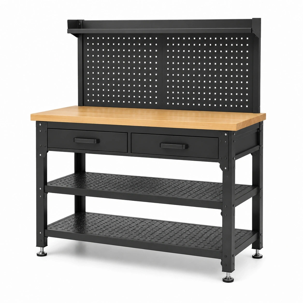 Werkbank mit Lochwand, 2 Schubladen und 2 Ablagen, Stahl und Holzwerkstoff, 120 x 60 x 150 cm, Schwarz/Braun
