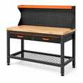 Werkbank aus Stahl und Holz mit Lochwand, 2 Schubladen und Ablagen, 120 x 60 x 150 cm, Schwarz/Orange/Natur