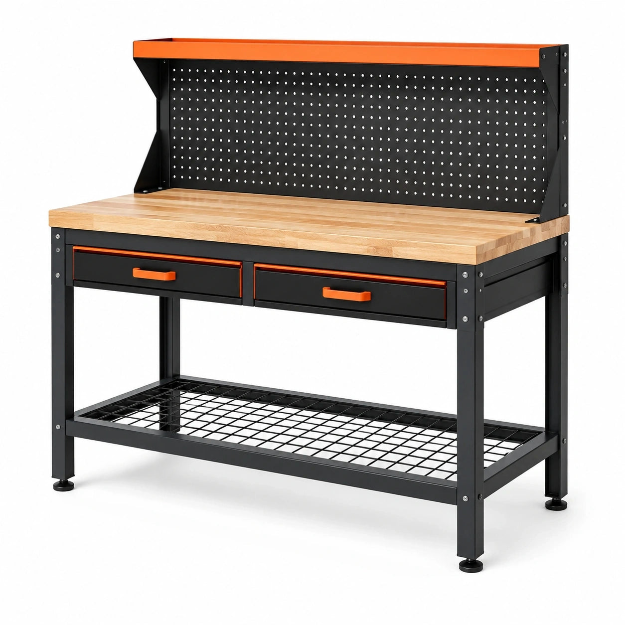 Werkbank aus Stahl und Holz mit Lochwand, 2 Schubladen und Ablagen, 120 x 60 x 150 cm, Schwarz/Orange/Natur