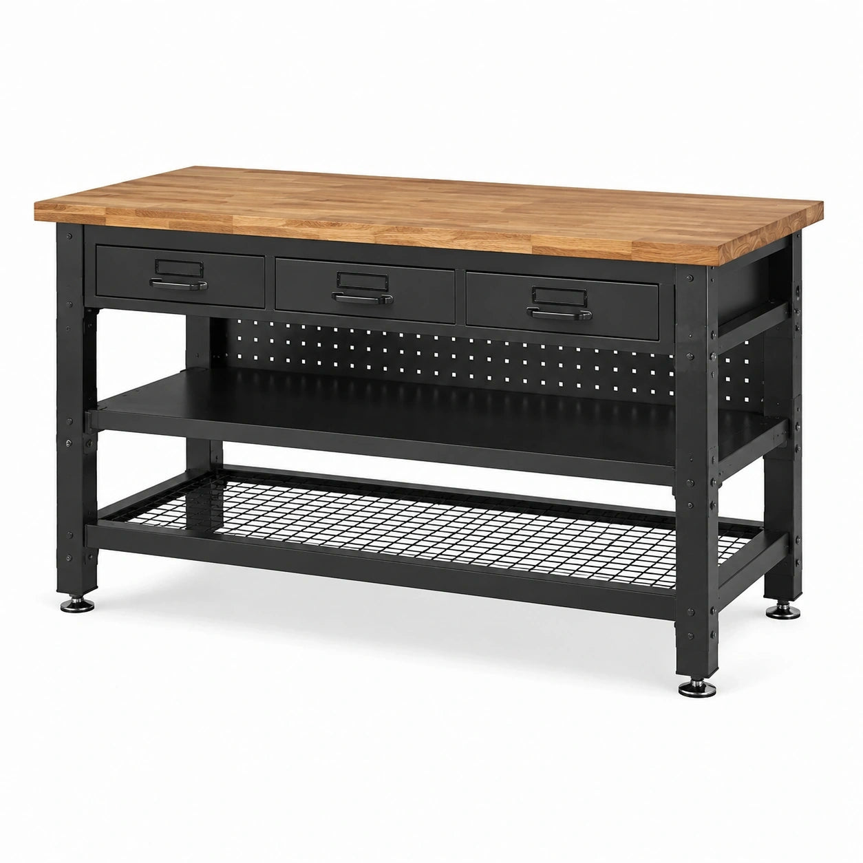 Werkbank aus Holz und Stahl, Schwarz/Braun, 120 x 60 x 95 cm, mit 3 Schubladen und 2 Ablagen