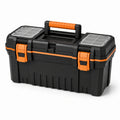 Robuster Werkzeugkoffer aus Kunststoff mit Kleinteilefächern und Tragegriff, 49 x 25 x 24 cm, Schwarz/Orange/Transparent