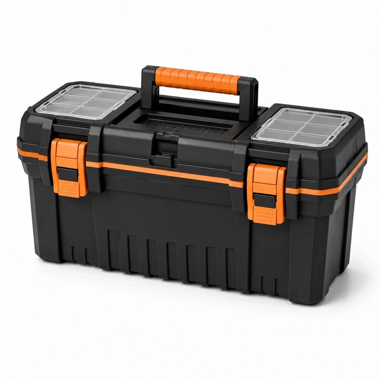 Robuster Werkzeugkoffer aus Kunststoff mit Kleinteilefächern und Tragegriff, 49 x 25 x 24 cm, Schwarz/Orange/Transparent